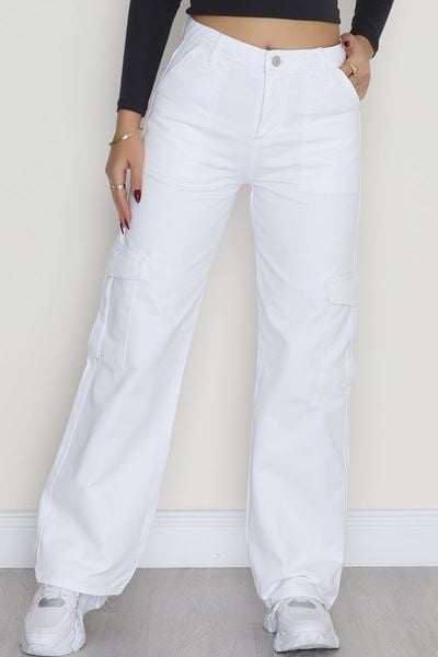 Kargo Cep Palazzo Kot Pantolon Beyaz - 42681.1836.