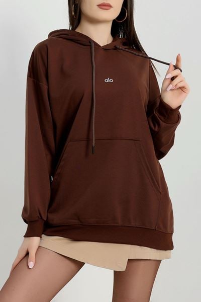 2 İplik Kapşonlu Baskılı Sweatshirt Acıkahve - 31315.1878.