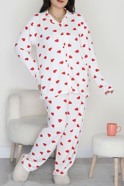 Büyük Beden Soft Milan Düğmeli Pijama Takımı Beyazkalp - 754.1287.