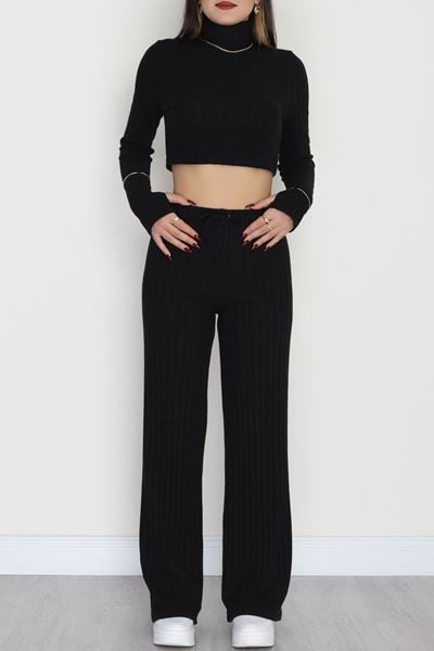 Dik Yaka Likralı Raporlu İnterlok Takım Siyah - 90972.1748.