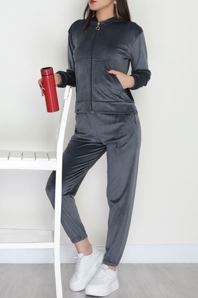 Fermuarlı Kadife Takım Gri - 348.1287.