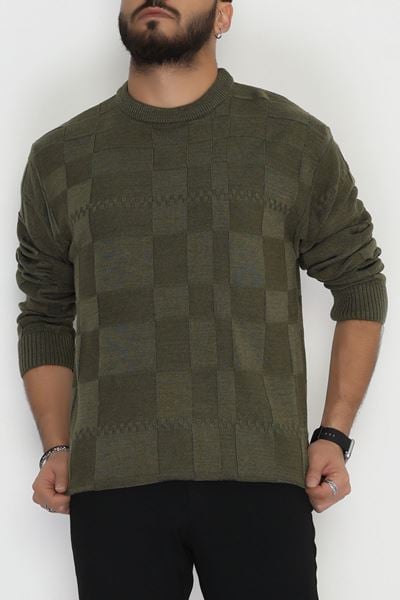 Bisiklet Yaka Desenli Erkek Triko Haki - 70782.1766.