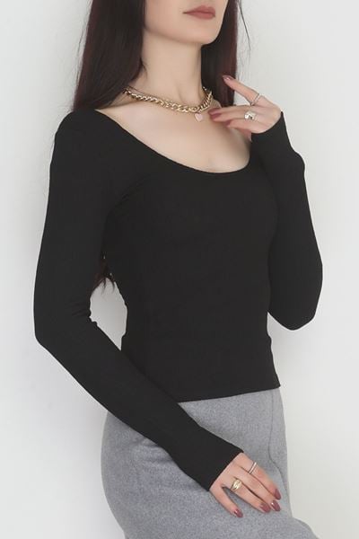 Önü Arkası U Yaka Basic Bluz Siyah - 42676.1247.