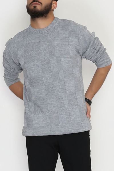 Bisiklet Yaka Desenli Erkek Triko Gri - 70782.1766.