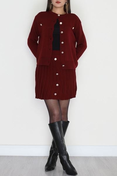 Düğmeli Triko İkili Takım Bordo - 42532.1766.