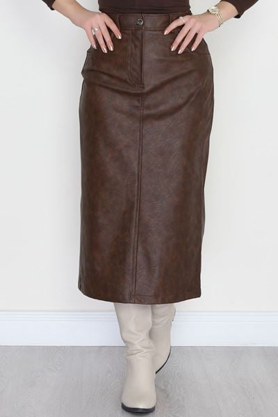 Yıkama Efektli Uzun Deri Etek Antikkahve - 40906.444.