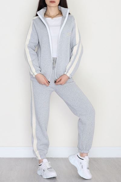 3 İplik Keten Şeritli Eşofman Takım Gri - 40017.1857.