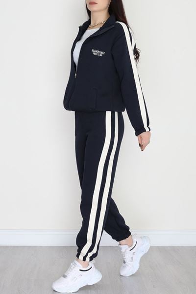 3 İplik Keten Şeritli Eşofman Takım Lacivert - 40017.1857.