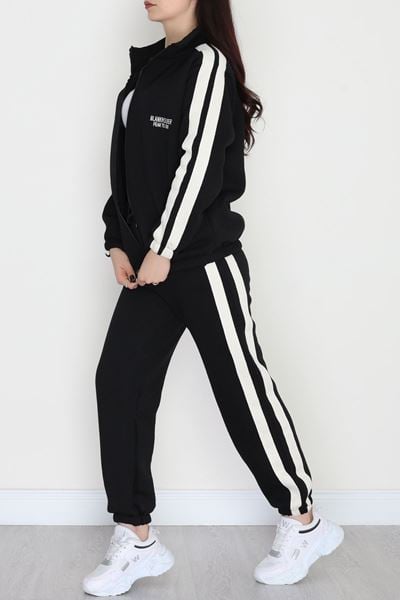 3 İplik Keten Şeritli Eşofman Takım Siyah - 40017.1857.