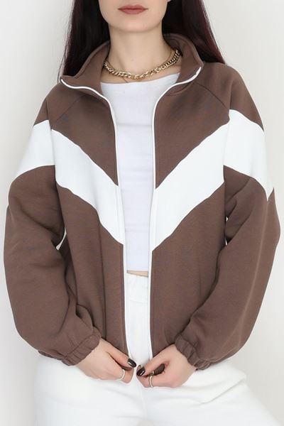 3 İplik Oversize Fermuarlı Sweat Kahveekru - 42504.1878.