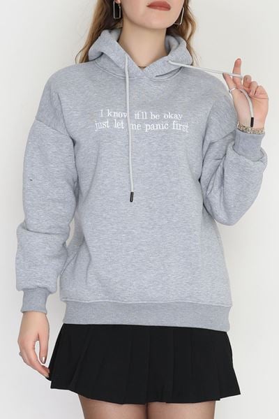 3 İplik Kapşonlu Nakışlı Sweat Gribeyaz - 42231.1878.