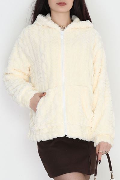 Kapşonlu Peluş Ceket Ekru - 4116.1247.