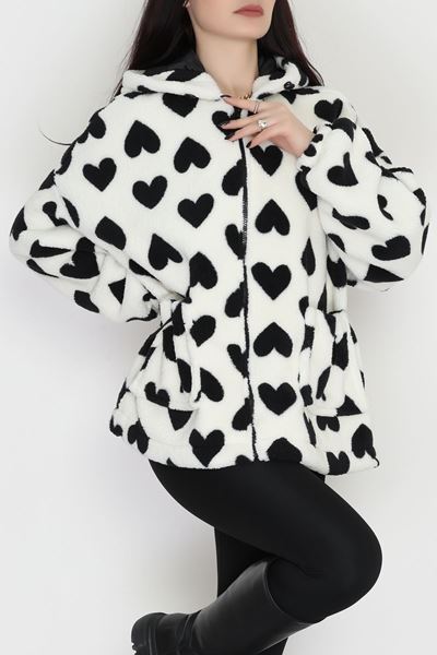Kapüşonlu Kalpli Peluş Mont Siyah - 31482.1247.