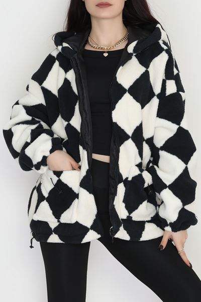 Kareli Kapşonlu Astarlı Mont Siyah - 4047.1247.