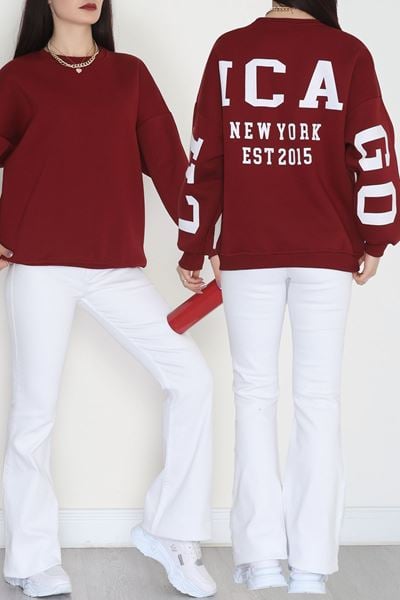 3 İplik Şardonlu Oversize Sweat Bordo - 50923.1878.