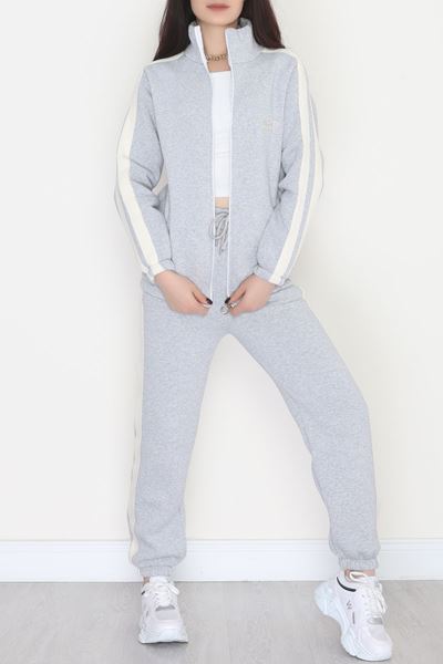 3 İplik Keten Şeritli Eşofman Takım Gri - 40017.1857.