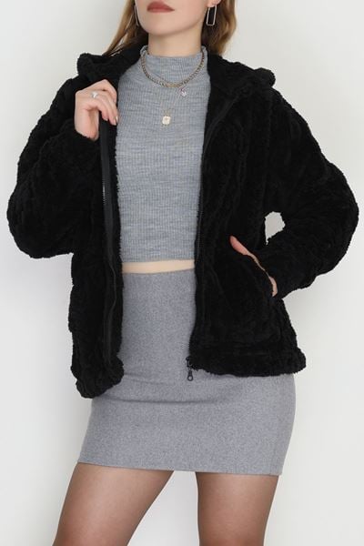 Kapşonlu Peluş Ceket Siyah - 4116.1247.