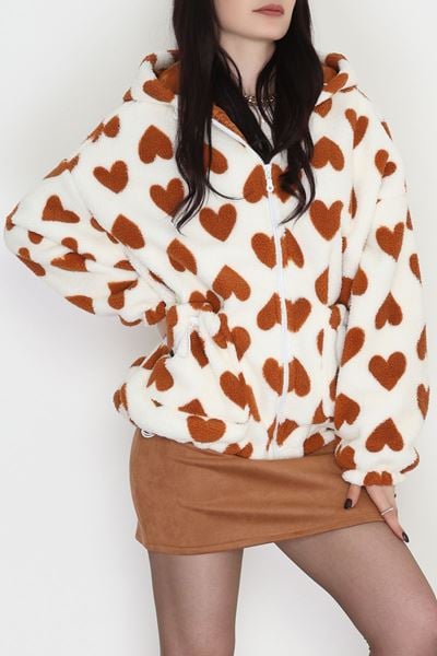 Kapüşonlu Kalpli Peluş Mont Kiremit - 31482.1247.