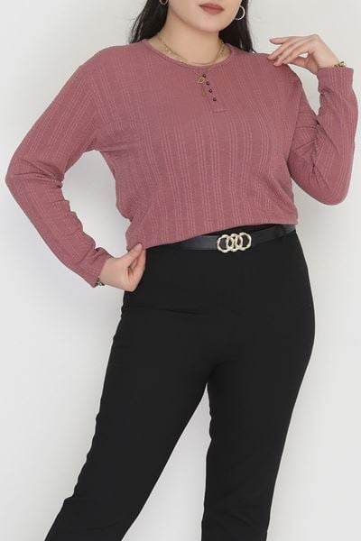 Burgu Kumaş Bisiklet Yaka Büyük Beden Bluz Gülkurusu - 70756.1954.