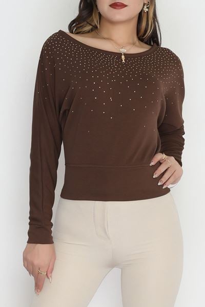 Taş Detay Kayık Yaka Bluz Acıkahve - 4129.1247.