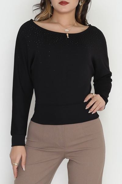 Taş Detay Kayık Yaka Bluz Siyah - 4129.1247.