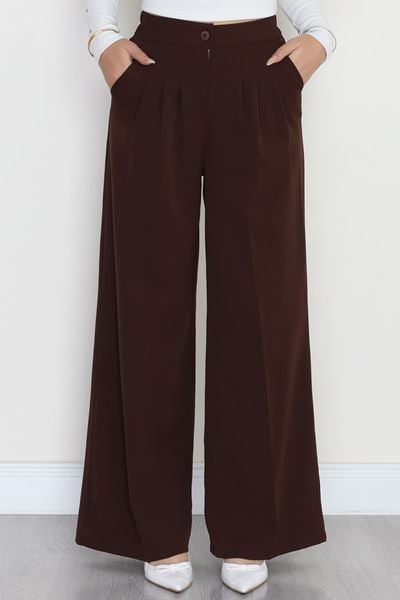 Dabıl Kumaş Beli Lastikli Palazzo Pantolon Kahve - 51063.1991.