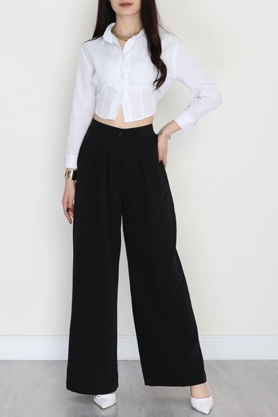 Dabıl Kumaş Beli Lastikli Palazzo Pantolon Siyah - 51063.1991.