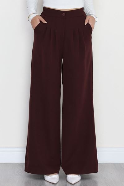 Dabıl Kumaş Beli Lastikli Palazzo Pantolon Mürdüm - 51063.1991.