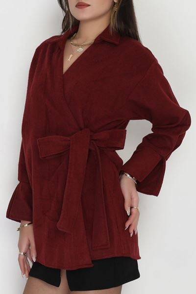 Bağlamalı Kruvaze Yaka Kaşe Ceket Bordo1 - 70993.1775.