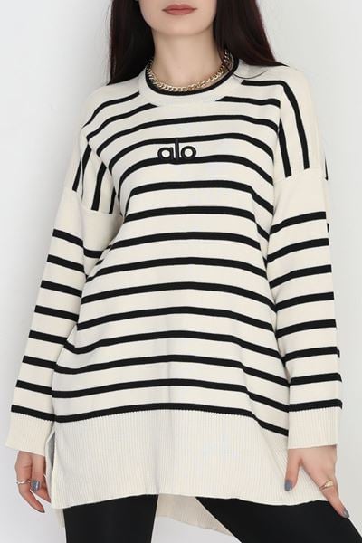 Çizgili Nakışlı Triko Tunik Bej - 4041.1247.