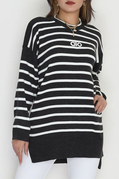 Çizgili Nakışlı Triko Tunik Antrasit - 4041.1247.