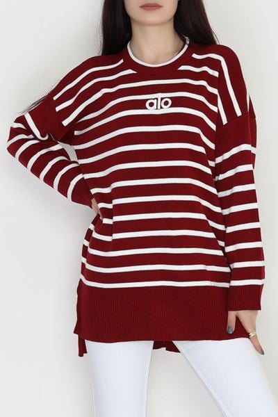 Çizgili Nakışlı Triko Tunik Bordo - 4041.1247.