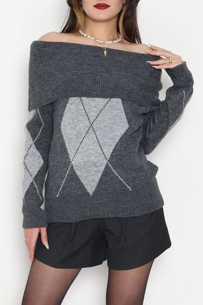 Madonna Yaka Baklava Desen Triko Fümegri - 2123.1765.