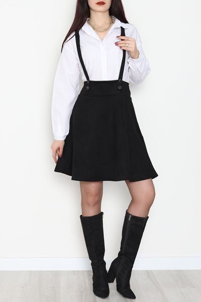 Askılı Düğmeli Süet Elbise Siyah - 42680.1256.