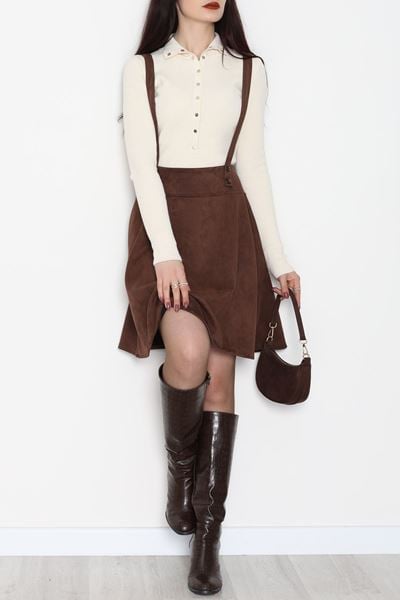 Askılı Düğmeli Süet Elbise Kahve - 42680.1256.