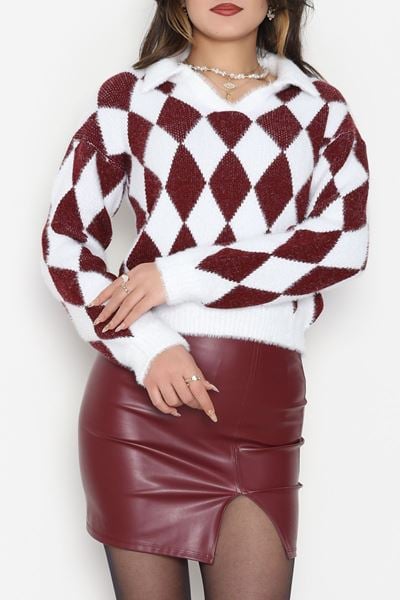 Baklava Desenli Triko Bordobeyaz - 51106.1765.