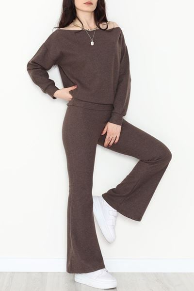 Kayık Yaka Selanik Kumaş İkili Takım Kahve - 42739.1567.