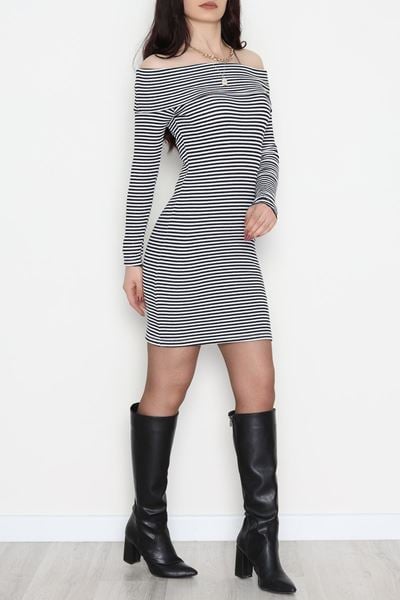 Madonna Yaka Likralı Kaşkorse Elbise Siyahbeyaz - 42764.1567.