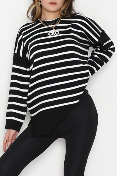 Çizgili Nakışlı Triko Tunik Siyah - 4041.1247.