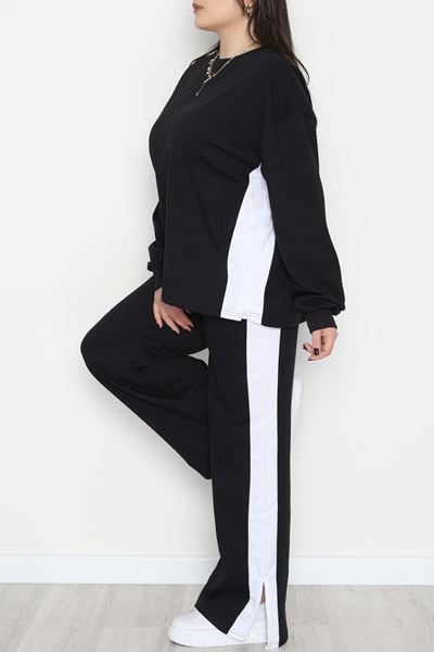 Şeritli 2 İplik Büyük Beden Eşofman Takımı Siyahbeyaz - 52047.1857.