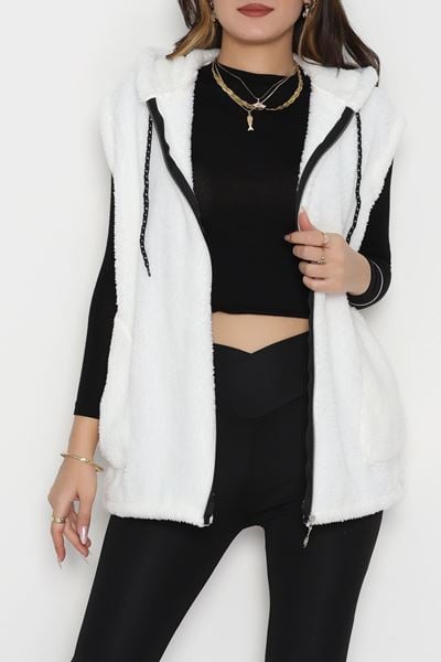 Fermuarlı Kapşonlu Peluş Yelek Beyaz - 51059.701.