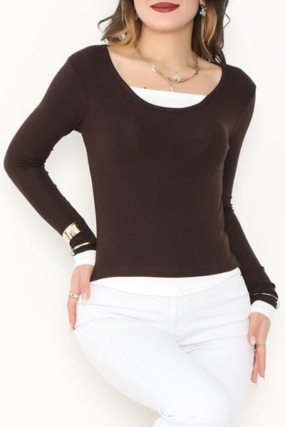 Buzzy Kumaş Geniş Yaka Parçalı Bluz Kahve - 1055.2119.