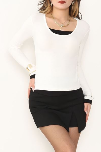 Buzzy Kumaş Geniş Yaka Parçalı Bluz Ekru - 1055.2119.