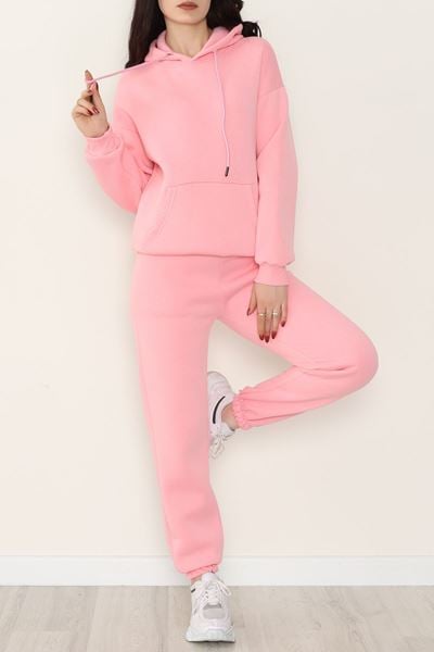 Kapşonlu 3 İplik Eşofman Takımı Pembe - 20965.1878.