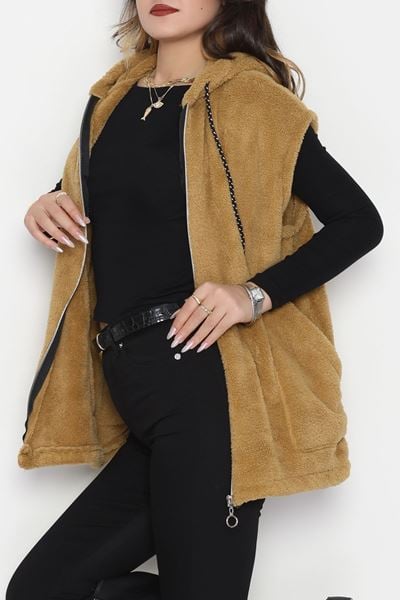 Fermuarlı Kapşonlu Peluş Yelek Camel - 51059.701.