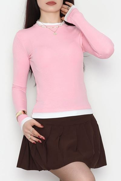 Buzzy Kumaş Bisiklet Yaka Parçalı Bluz Pembe - 1054.2119.