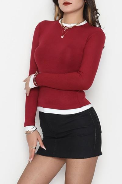 Buzzy Kumaş Bisiklet Yaka Parçalı Bluz Bordo - 1054.2119.