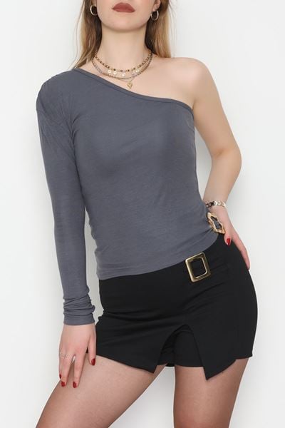 Buzzy Kumaş Tek Omuz Toka Detaylı Bluz Antrasit - 1052.2119.