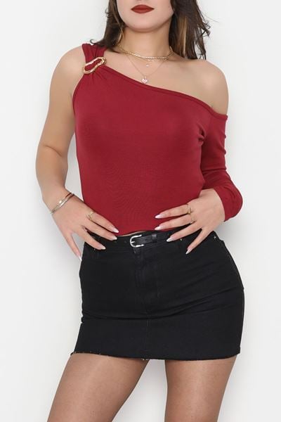 Buzzy Kumaş Tek Omuz Toka Detaylı Bluz Bordo - 1010.2119.