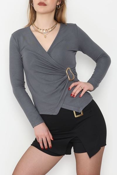 Buzzy Kumaş V Yaka Tokalı Bluz Antrasit - 1061.2119.